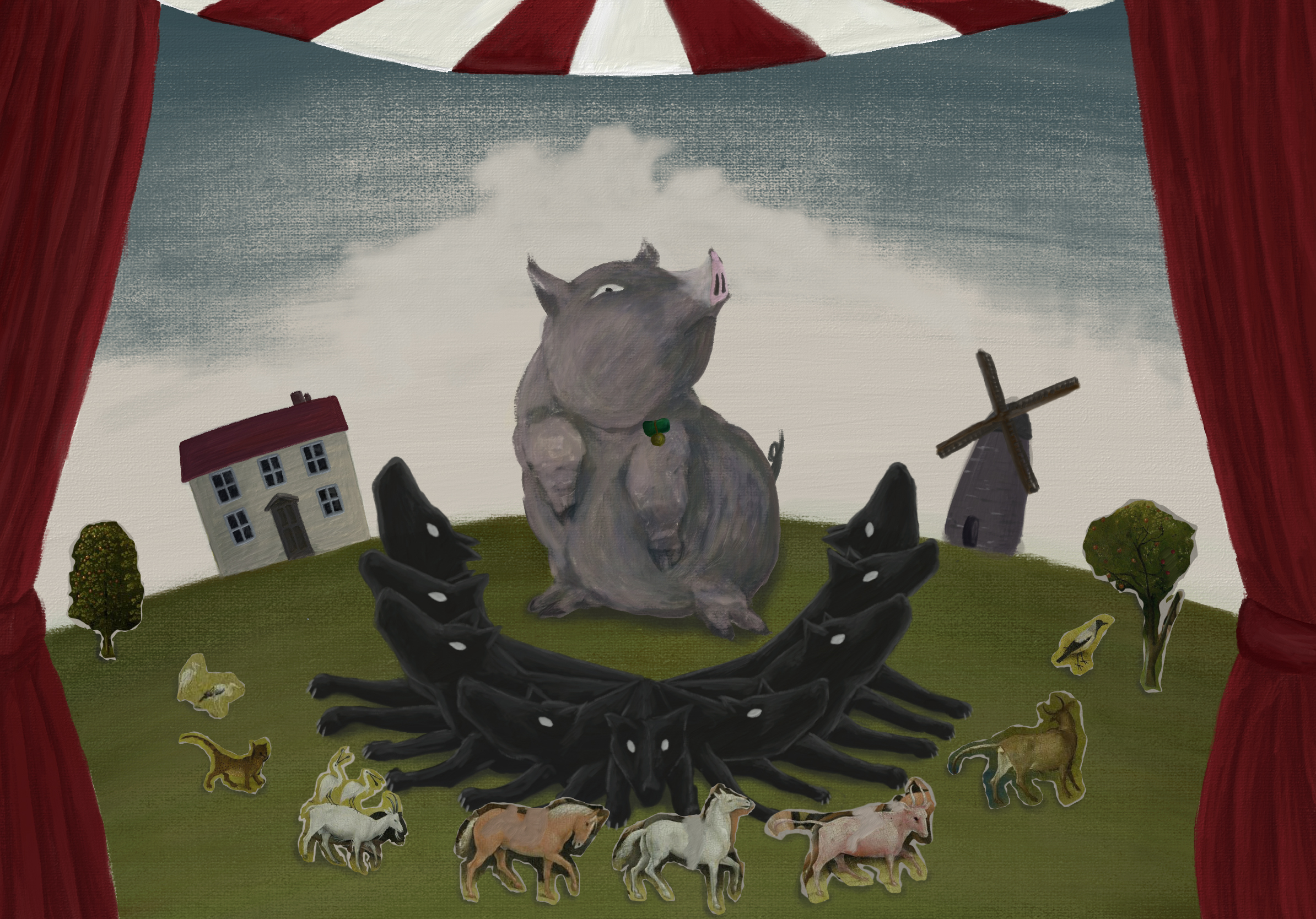 動物農場イラスト。一部画像にヒエロニムス・ボス「快楽の園」（1500年頃）を使用。Public Domain（WikiArtより）